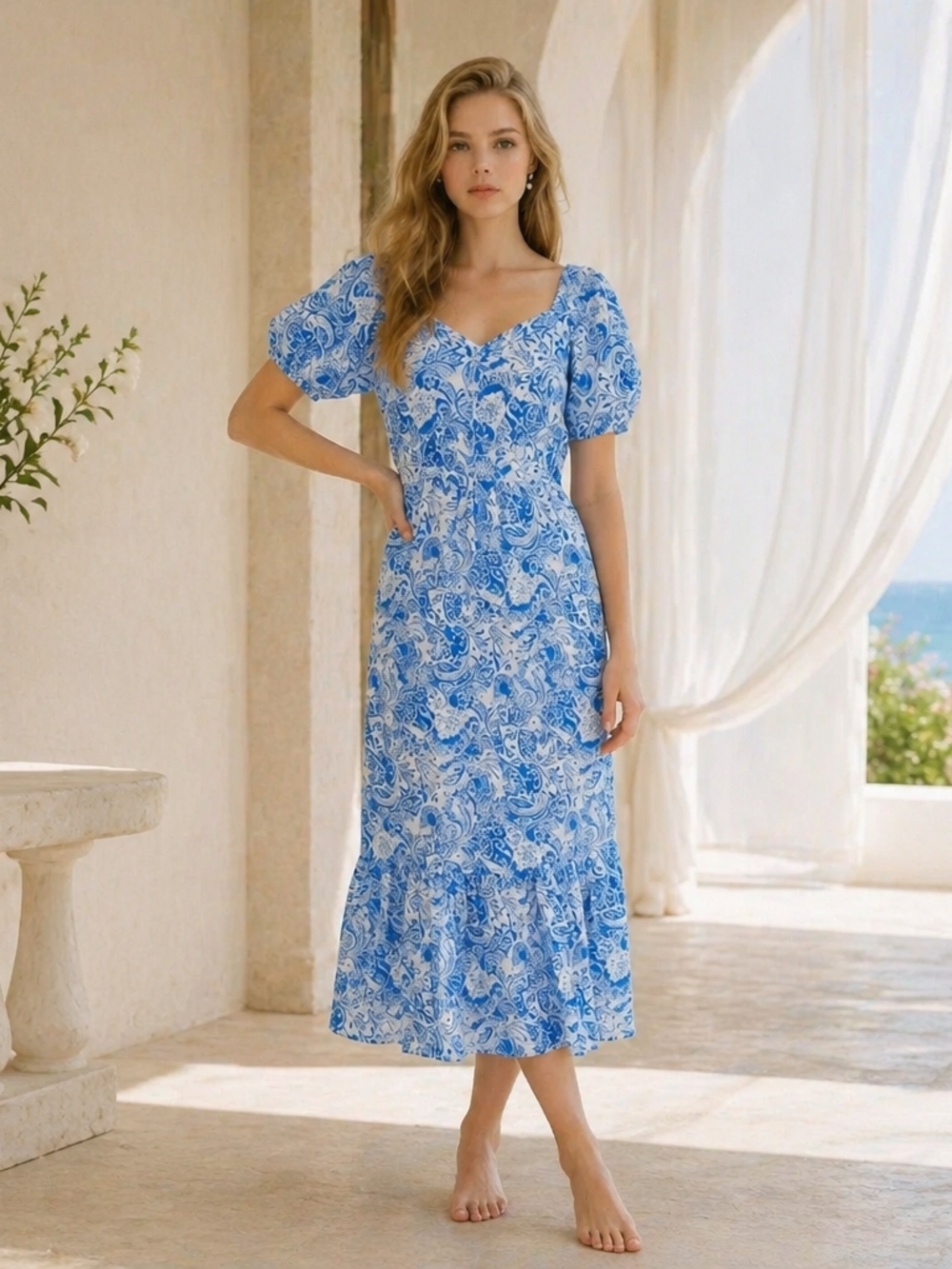 Kindred Blue Porcelain Paisley Print Rayon Midi Dress Small